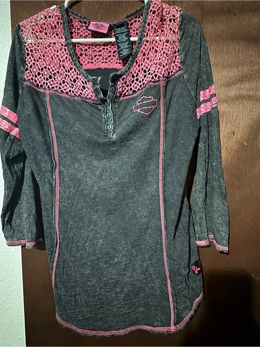Harley-Davidson Charcoal Long Sleeve Henley with Pink Crochet Yoke